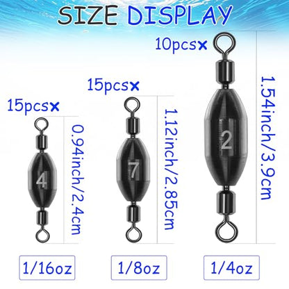 Fishing Weights Swivel Bullet Sinkers Brass Fishing Weights Saltwater Freshwater Bass Sinker Weight with Swivel Rolling 1/4oz, 1/8oz, 1/16oz，1/32oz, 3/8oz, 1/2oz - style: 1/16oz-15pcs
