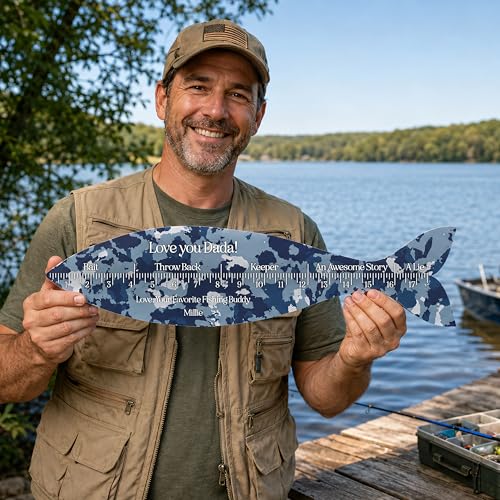 Personalized Fish Ruler Sign for Dad, Custom Wooden Fish Measuring Board with Name and Message, Father’s Day Fishing Gift for Men, Grandpa, Papa, Husband, Rustic Fisherman Wall Decor for Man Cave Garage Lake House
