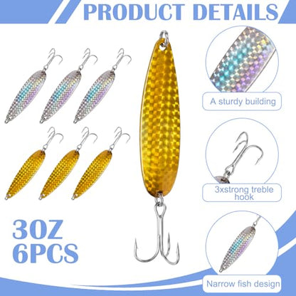 Soulchen 6 Pcs Crocodile Fishing Spoons with Heavy Duty Treble Hooks Saltwater Freshwater Fishing Lures Spoons for Tuna Bass Salmon Trout Walleye Pompano Mackerel Bluefish Casting