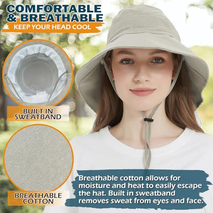 Women's Cotton Sun Hat with Neck Flap, UV Protection Wide Brim Outdoor Hat | Adjustable Fit, Moisture-Wicking & Breathable, Packable & Lightweight for Fishing Hiking Gardening Beach Safari - color: Khaki