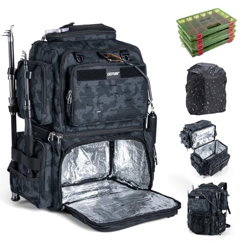 Goture Fishing Backpack with 4 Tackle Boxes, 78L 600D Water-Resistant Tackle Backpack with Cooler,Rod Holders, 8 Lure Pockets, Rain Cover, Large Fishing Bag Storage Gear Tackle Bag for Camping Hiking - color: D1:78L Insulated Camo(With 4 3700 Tackle Boxes