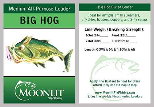 Big HOG Medium All-Purpose Fly Leader - Dries/Streamer/Nymph (Quality USA Made Moonlit Furled Leader) - size: 9-10wt