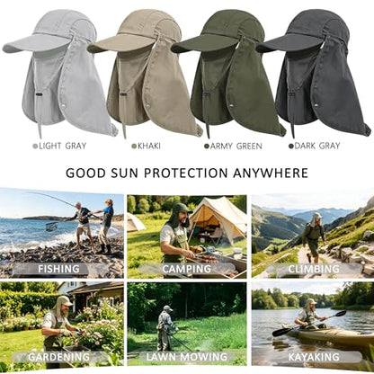 2Pack Men’s Foldable Sun Hat with Removable Face Mask & Neck Flap, UPF 50+ UV Protection, Quick-Drying Outdoor Fishing Cap - color: Light Grey+army Green
