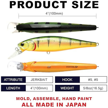 LUCKY CRAFT Pointer 100SP, Jerkbait Side by Side Action Tournament Winning Perfect Wobbling Freshwater Lake Bass Fishing Champion Bait - color: 807 Northern Yellow Perch