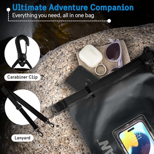 Pelican Marine IP68 Waterproof Dry Bag 5L with Phone Pouch/Case - Black | Roll Top Waterproof Backpack with Touchscreen Phone Pouch - Swimming, Kayaking, Camping, Rafting, Fishing & Travel Essentials - color: Stealth Black, size: 5L