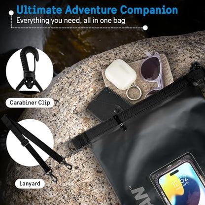 Pelican Marine IP68 Waterproof Dry Bag 5L with Phone Pouch/Case - Black | Roll Top Waterproof Backpack with Touchscreen Phone Pouch - Swimming, Kayaking, Camping, Rafting, Fishing & Travel Essentials - color: Stealth Black, size: 5L