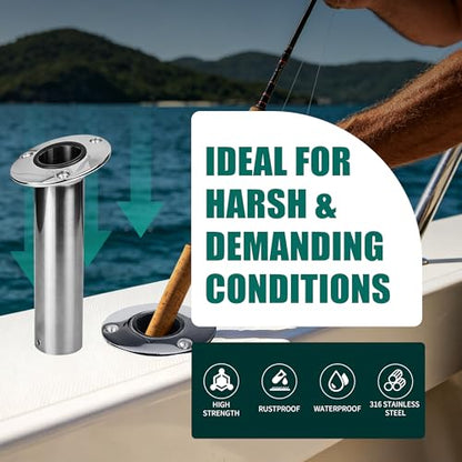 2 Pack Fishing Rod Holders for Boat, 316 Stainless Steel, 3 Angles (15°/30°/90°) Flush Mount, Heavy Duty Saltwater Corrosion Resistant with Thickened Nylon Nesting & Stopper Pin - style: 90 Degree