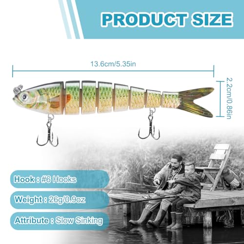 RYACO Fishing Lures for Bass Trout, Multi Jointed Segmented Fishing Bait for Freshwater and Saltwater, Lifelike Swimbait with Hooks Slow Sinking Crankbaits Fishing Gifts Family Fishing Gear, 5PCS