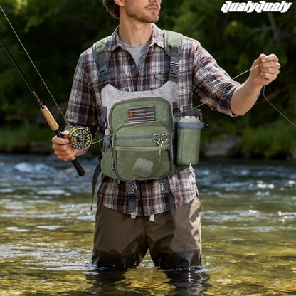 QulayQualy Fly Fishing Pack - Chest Pack with Work Station Lightweight Tackle Fishing Bag with Quick-Release (Green, L-12'' w/Cup Sleeve) - color: Green, size: L-12''