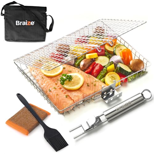 Stainless Steel Large Grill Basket with Removable Handle – 12.25 x 9.5 x 1.5 Inch BBQ Vegetable Basket with Easy Open Lid, Silicone Basting Brush & Scrub Sponge – Outdoor Cooking & Camping Accessory - size: w/ Accessories