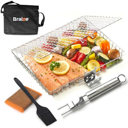 Stainless Steel Large Grill Basket with Removable Handle – 12.25 x 9.5 x 1.5 Inch BBQ Vegetable Basket with Easy Open Lid, Silicone Basting Brush & Scrub Sponge – Outdoor Cooking & Camping Accessory - size: w/ Accessories