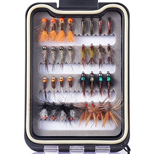 BASSDASH Fly Fishing Flies Kit Fly Assortment Trout Bass Fishing with Fly Box with Dry/Wet Flies, Nymphs, Streamers, Popper - style: 32pcs Barbless Trout Flies