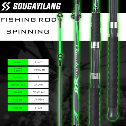 Sougayilang Spinning Rods, Strong Carbon&Glass Composite Fishing Pole with Stainless Steel Line Guides for Catfish- 7'0" - color: Green