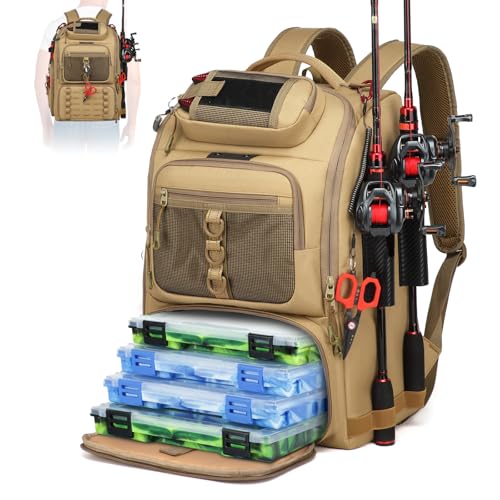 Fishing Tackle Backpack,Tackle Bag with 2 Rod Holders,Water-Resistant Large Storage Fishing Gear and Equipment (B-Khaki) - color: B-Khaki(Without tackle box)