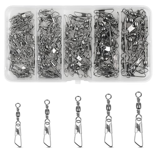 Fishing Swivels Snaps Rolling Barrel Swivels with Safety Snap High Strength Freshwater Saltwater Fishing Snap Swivels Fishing Tackle Accessories Lure Line Connector - style: 125pcs(4,6,8,10,12#)