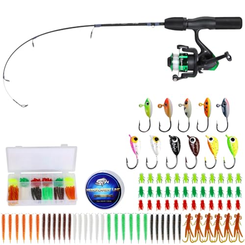 Sougayilang Ice Fishing Rod and Reel Set, Ice Fishing Includes Ice Jigs, Lures, and Essential Tackle,27" Medium/Light Power Ice Spinning Rod,EVA Foam Grip Handle - color: F-spinning ice combo-MYMXE, size: 26"