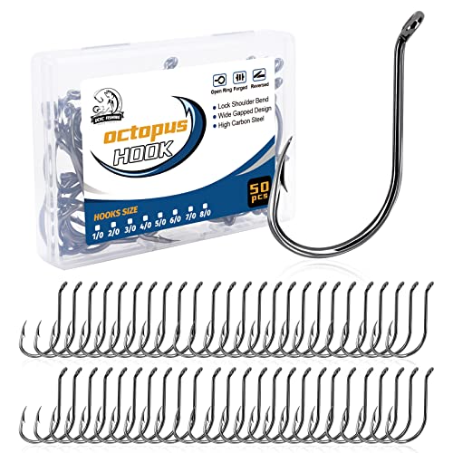 UCEC Fishing Hooks Octopus Hooks for Saltwater Freshwater High Carbon Steel Offset Circle Octopus Catfish Hooks for Catfish Trout Fishing Size 1/0 3/0 5/0, 50pcs/Box - size: 3/0