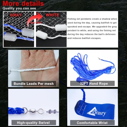 Drasry Saltwater Fishing Cast Net 3/8 and 1/4 Mesh with Heavy Duty Gray Sinker American Monofilament Fish Throw Net for Bait Trap 3FT 4FT 5FT 6FT 7FT 8FT 9FT Radius - size: 7FT Radius, style: 3/8 Mesh 1 Lb/Ft