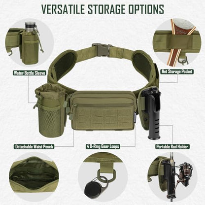 Fly Fishing Fanny Pack with Rod Holder & Adjustable Straps | Wading Belt for Fly Fishing with Net Slot, Fly Fishing Waist Pack - Holds 3 Fly Boxes - color: Green