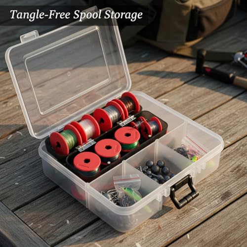 Red PP Plastic Fishing Line Spool Organizer Box for Tackle Storage - Keeps Braided, Fluoro & Mono Spools Secure (1 Pack) - size: 8.66 x 2.32 x 1.34 in