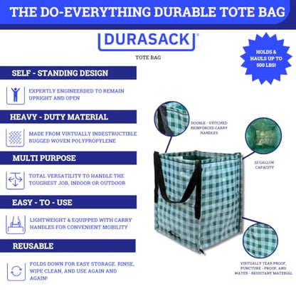 DURASACK Heavy Duty Storage Tote Bag 22-Gallon, Gingham Green | Rugged Woven Polypropylene Moving Bag, Reusable Self-Standing Design, Holds up to 500 Pounds - color: Gingham Green, size: Single