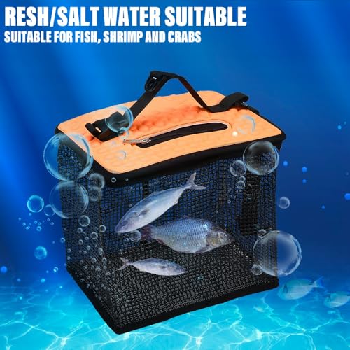 XhuangTech Floating Fishing Basket, Collapsible Fish Basket Portable Fishing Net Storage Cage for Live Caught Fish, Foldable Rubber Coated Bait Minnow Bucket 3.5/10 Gallons Live Well, Orange - size: Small