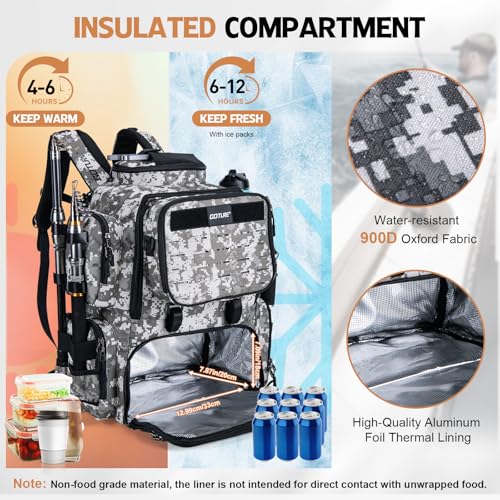 Goture Fishing Backpack with 4 Tackle Boxes,58L 900D Water-Resistant Tackle Backpack with Cooler,Rod Holders,8 Lure Pockets, Detachable Crossbody Bag,Gear Storage Large Fishing Bag for Camping Hiking - color: D1:digital Camo With 4 Tackle Boxes