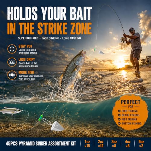 Pyramid Sinkers Fishing Weights 45-Piece Assortment Kit (1oz 15pcs, 2oz 12pcs, 3oz 8pcs, 4oz 8pcs, 5oz 2pcs), Lead Surf Fishing Weights for Saltwater Ocean Beach & Pier Fishing