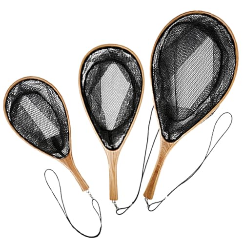 Landing Net with Lanyard Portable Fishing Net with Comfortable Grip Landing Fishing Tackle Tool Wooden Poles Wood for Fly - size: Large