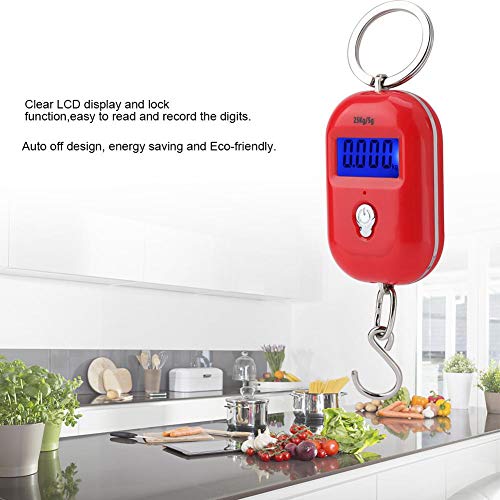 Mini Electronic Scale, Fish Weighing Scales Red Portable 25Kg/5G Hanging Scale Digital Pocket Key Chain Weight Hook Kitchen Food Weight Gauge Measuring Tools with Backlight for Home Farm Market