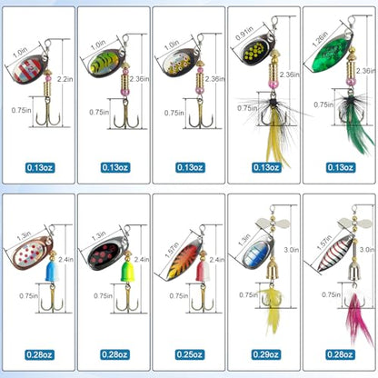 Spinner Baits Bass Lures Rooster Feather Tail Trout Lures Hard Metal Inline Spinner Bait Fishing Lure for Bass Salmon Trout - style: 20pcs Spinnerbaits Kit