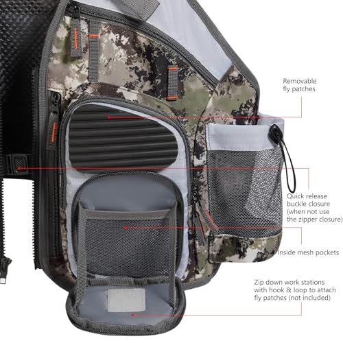 BASSDASH Strap Fishing Vest Adjustable for Men and Women, for Fly Bass Fishing and Outdoor Activities - color: Grunge Camo