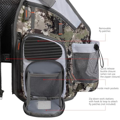 BASSDASH Strap Fishing Vest Adjustable for Men and Women, for Fly Bass Fishing and Outdoor Activities - color: Grunge Camo