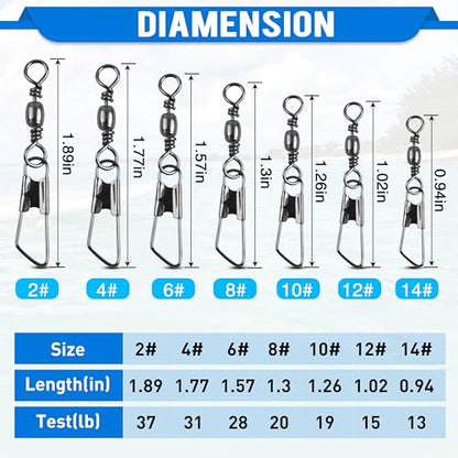 SILANON Fishing Barrel Swivels Snaps, Barrel Swivel with Safety Snap Stainless Steel Brass Swivels Fishing Tackle Line Connector High Strength Solid Rings for Saltwater Freshwater - size: 14#-15lb-60pcs