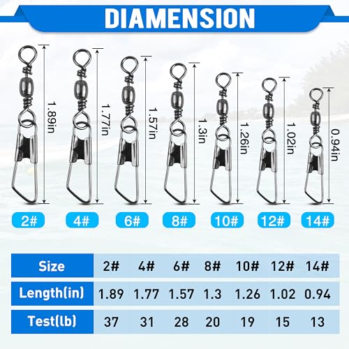 SILANON Fishing Barrel Swivels Snaps, Barrel Swivel with Safety Snap Stainless Steel Brass Swivels Fishing Tackle Line Connector High Strength Solid Rings for Saltwater Freshwater - size: 10#-20lb-120pcs