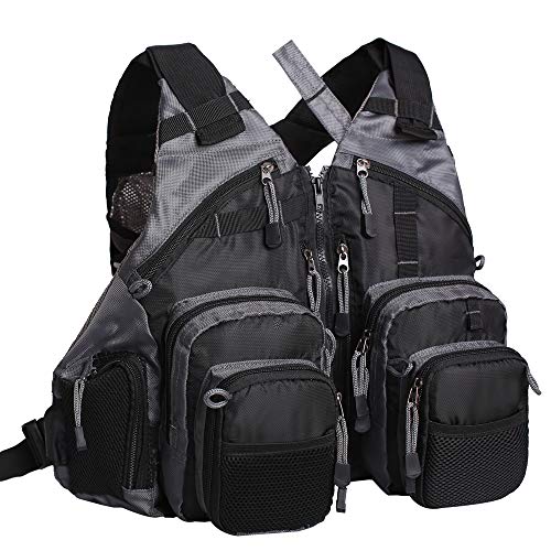 Waxaya Lightweight Fly Fishing Vest with Multi Pockets Adjustable Size Mesh Fishing Backpack for Men and Women - color: Black