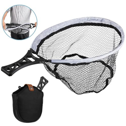 Folding Fly Fishing Net, Lightweight Rubber-Coated Mesh Landing Trout Net with Tackle Bag, Non-Slip Handle, Fly Fishing Gear for Beginners