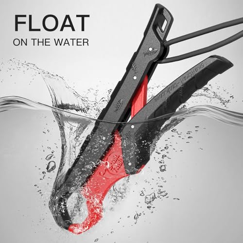 SNAIL TRAIL 7.5'' Floating Fish Gripper, Fishing Grabber | Catfish Mouth Pliers, Caught Bass Holder, Fish Scale Hook Clamp, Saltwater Lip Grip Tool with Lanyard, Gifts for Men - color: Black-red