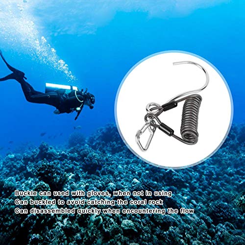 Scuba Diving Reef Hook, Coil Lanyard Gear Hanger Stainless Steel Spring Clips Anti Lost Safety Coiled Rope with Quick Release Buckle Tools Accessory for Underwater Cameras Dive Lights Fishing