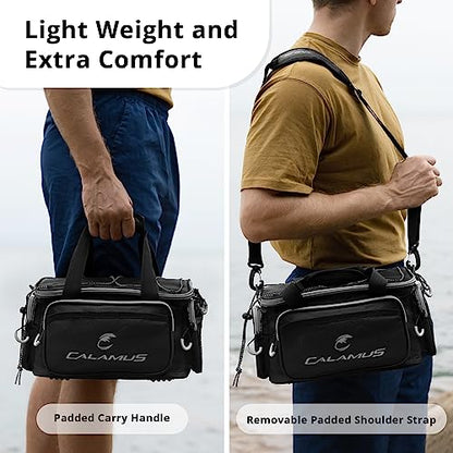 Calamus Fishing Tackle Bags - Saltwater & Freshwater Fishing Bags - Rip-Stop PE - Padded Shoulder Strap - Pliers Storage - Black - color: D：Black(without trays)-14.3*9*7.5 inches