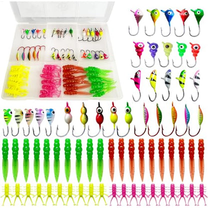 Ice Fishing Jigs Kit Luminous Ice Fishing Lures Soft Plastic Baits Crappie Jig Heads Ice Fishing Gear for Crappie Panfish Walleye Ice Fishing 70pcs