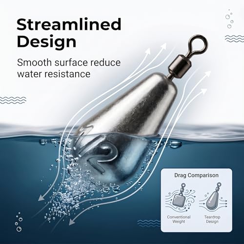 Drop Shot Fishing Weights with Rolling Swivel Streamlined Lead Fishing Sinkers for Freshwater Saltwater Catfish Bass Casting Fishing and Bottom Fishing Rigs - size: 3/16oz-25pcs-teardrop1