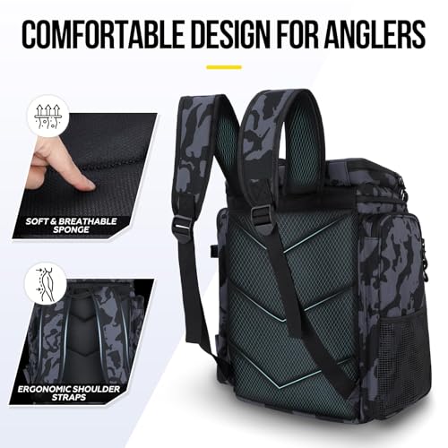 Fishing Backpack with Rod Holder, Waterproof Fishing Bag for Fishing Gear, 42L Large Capacity Tackle Box Backpack (Black Camo) - color: Black Camo