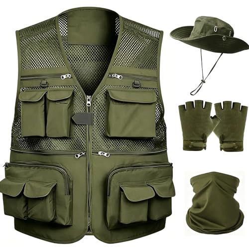 HUNTURE Fishing Vest,Pocket Vest and Hat Gloves Neck Gaiter Set for Men,Lightweight Utility Outerwear Vest - color: Green, size: XX-Large