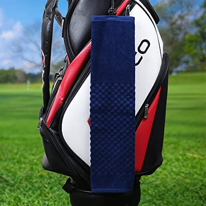 Cotton Golf Towel for Bag With Clip - Tri-fold Towel for Ball, Putter, Club Cleaning - Checkered Pattern Design (Dark Blue) - color: Dark Blue