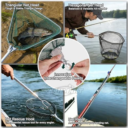 Yeahmart Telescoping Fishing Net, 61" Foldable Landing Net with 2 Interchangeable Heads & Rescue Hook, 4-in-1 Long Handle Fish Net for Kayak, Boat, Bass, Freshwater & Saltwater Fishing Gear