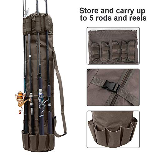 Allnice Durable Canvas Fishing Rod & Reel Organizer Bag Travel Carry Case Bag- Holds 5 Poles & Tackle - color: Khaki