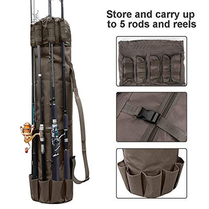 Allnice Durable Canvas Fishing Rod & Reel Organizer Bag Travel Carry Case Bag- Holds 5 Poles & Tackle - color: Khaki