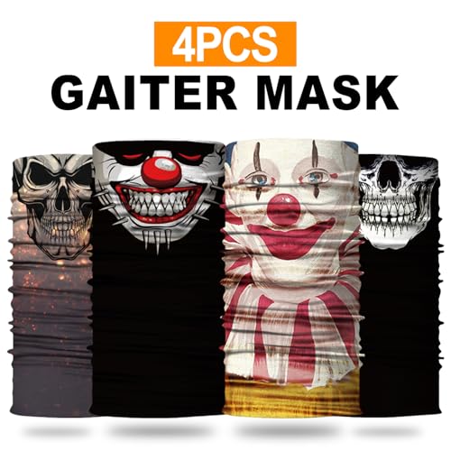 4Pack Neck Gaiter for Men Women Face Cover Mask Head Wrap Balaclava Headwear Bandana Headband Magic Scarf - color: A-bonehead Clown-1