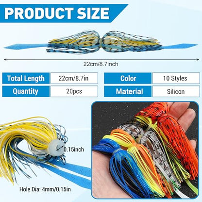 Silicone Jig Skirts 10/20pcs Spinnerbait Skirts with Tail Fishing Lure Skirts Replacement Quick Change Fishing Umbrella Skirts for Spinnerbaits Buzzbaits Bass Jig Lure Making Supplies - style: 20pcs